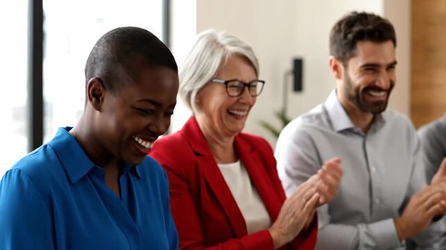 Diverse group of people laughing heartily and clapping, conveying joy, success, and positive engagement in a meeting vector illustration