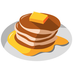 Stack of golden brown pancakes with melting butter and syrup on a white plate with a grey rim and a transparent background