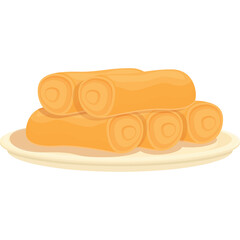 Stack Of Golden Fried Spring Rolls On A Pale Yellow Plate With A White Background