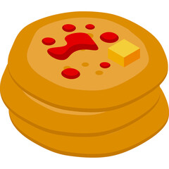 Stack of golden brown pancakes with melted butter and red strawberry jam topping on a transparent background symbolizing a delicious breakfast meal