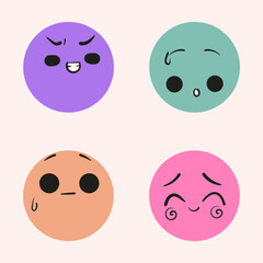 Cute doodle emoji face set. Different colorful faces stickers. Manga style vector illustration