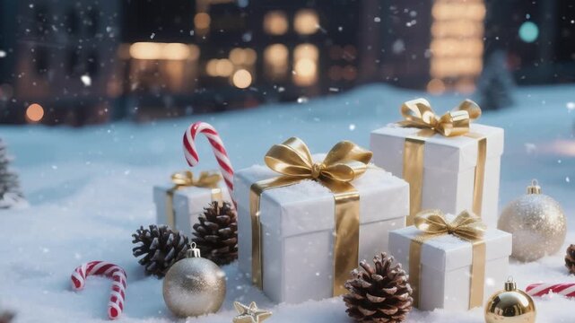 Festive Christmas scene featuring wrapped gifts surrounded by decorations like pine cones, candy canes, and ornaments. Perfect for holiday themes and merry celebrations.