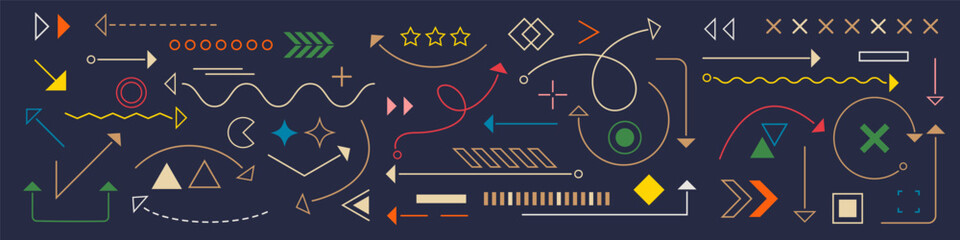 A colorful set of arrows and geometric shapes. Drawing and sketching set. Vector illustration .