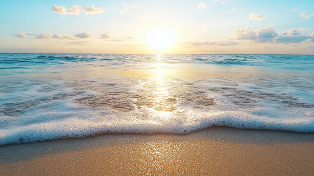 Sunset reflection on ocean waves creates warm cinematic mood, inviting tranquility and peace