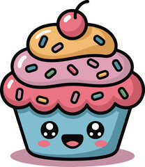 Cute cartoon cupcake with a smiling face and colorful sprinkles on pink background illustration