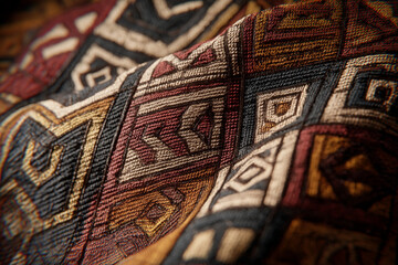 Obraz premium A close-up of intricate Central African Kuba cloth patterns, showcasing geometric designs and earthy, rich hues.