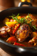 A close-up of Moambe Chicken (palm nut stew), rich and deeply flavored, with abstract chunks of chicken and vegetables.