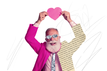 Composite trend artwork sketch image photo collage of valentine day holiday date love aged man boyfriend hand hold heart paper fragment