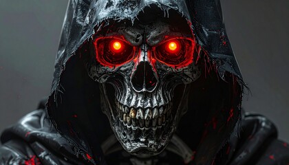 Grim Reaper in Black Hood with Glowing Red Eyes Against a Dark Background