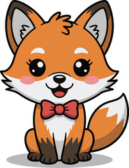 Cute cartoon fox with a charming bow tie sitting happily with a cheerful expression on its face