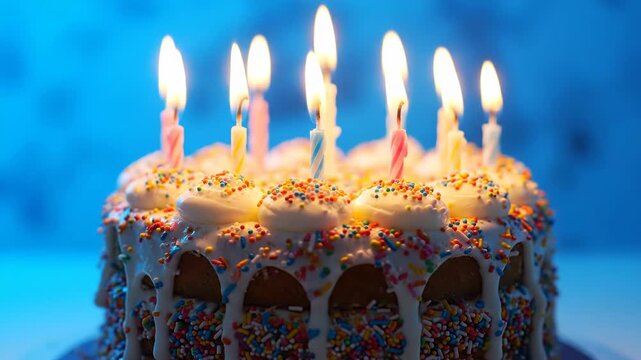 A delicious frosted birthday cake adorned with colorful sprinkles and lit candles, set against a vibrant blue background, perfect for celebrating a special occasion vector illustration