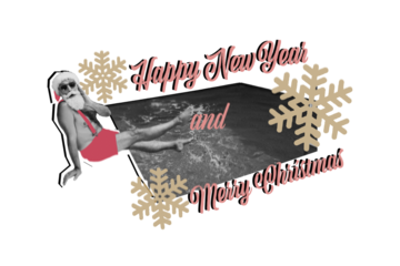 Composite photo collage of shocked old santa claus naked torso sit pool winter snowflakes xmas holiday card isolated on painted background