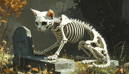 Pixelated Digital Painting of White Cat Skeleton on Gravestone in Autumn with Yellow Leaves and Ornate Cross