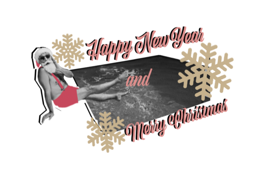 Composite photo collage of shocked old santa claus naked torso sit pool winter snowflakes xmas holiday card isolated on painted background - Powered by Adobe