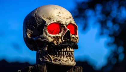 Skull Decoration on Wooden Post with Red Eyes Against Dark Blue Sky