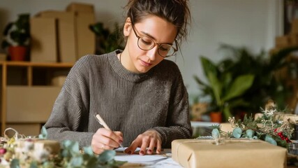 Smiling woman with glasses writing a christmas greeting card on a desk surrounded by decorated gifts, preparing presents and wishes for the holiday season with a cozy, festive feeling at home - Powered by Adobe