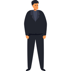 Pixelated illustration of a man in a dark suit standing with hands in pockets against a transparent background minimal design