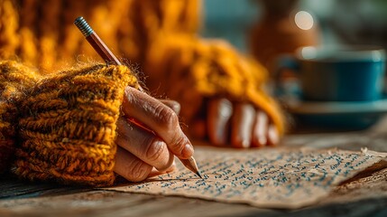 Close-up, intimate photo of a person's hands in a cozy yellow sweater writing a heartfelt letter on textured paper with a simple wooden pencil.