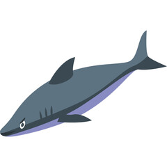 Pixelated Illustration of a Grey Shark with a Purple Underside Swimming in Motion Against a White Background