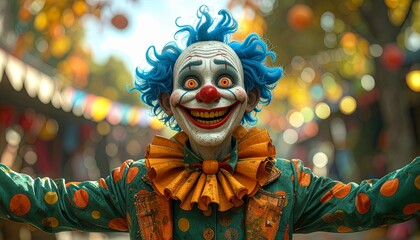 Terrifying Clown with Blue Hair and Orange Ruffled Collar Against Blurry Festive Autumnal Background