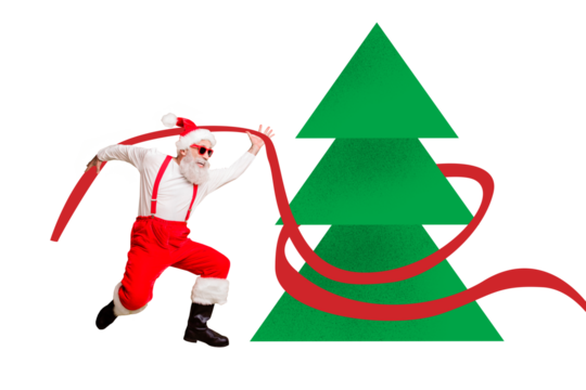 Photo cartoon comics sketch collage of excited old man santa claus run ribbon new year tree decor celebration isolated on beige color