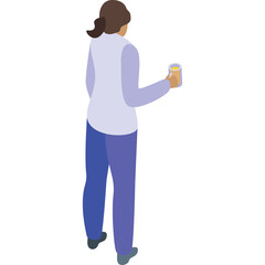 Pixelated Isometric View of a Person Holding a Drink With a Purple Shirt and Blue Pants on a White Background