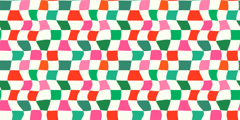 Distorted groovy red, green and pink Christmas check seamless vector pattern, Fun wavy squares background for holiday designs