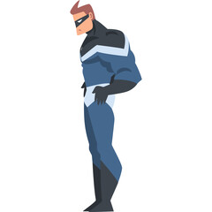 Pixelated Male Superhero Standing Profile View Wearing Blue and Black Suit with White Accents and Mask on White Background