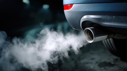 Car exhaust system: a close-up view of a metal pipe. Steam or smoke symbolizes engine operation and environmental issues.