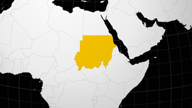 Sudan map. Animated zoom into the country on the Globe in Black White color palette. Country logo animation. Map with meridians, parallels. Beautiful video.