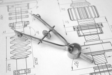 Mechanics engineering industry . New technologies. Paper drawing.