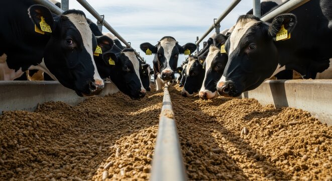 Dairy cows (Holstein cattle) lined up at a long concrete feed trough eating granular pellets on a commercial farm.
