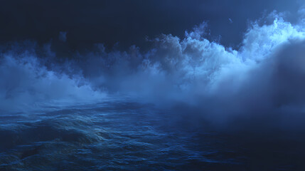 A dark and stormy ocean under a cloudy sky, evoking a sense of mystery and foreboding. The scene is filled with churning waves and dramatic cloud formations, creating a powerful and captivating image