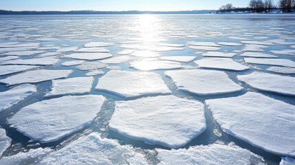 Obraz premium Floating ice on calm water reflects sunlight, creating serene and poetic atmosphere