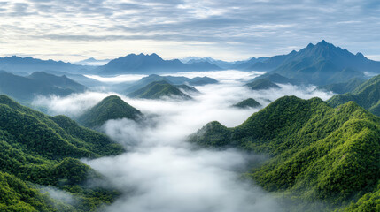 Obraz premium Lush green mountains rise above thick layer of fog, creating serene and dreamy landscape