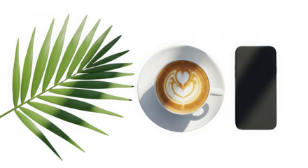 A cup of coffee with latte art, a palm leaf, and a smartphone isolated on transparent background