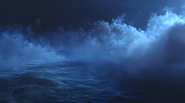 A dark and stormy ocean under a cloudy sky, evoking a sense of mystery and foreboding. The scene is filled with churning waves and dramatic cloud formations, creating a powerful and captivating image