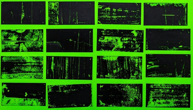 A grid of uneven black rectangles, with varied textured designs against a solid, bright green background