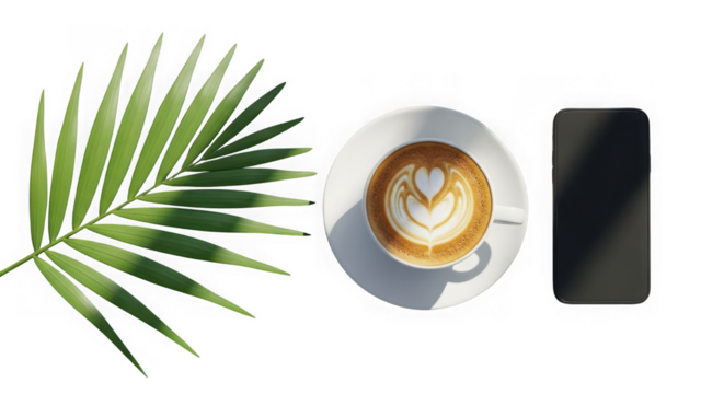 A cup of coffee with latte art, a palm leaf, and a smartphone isolated on transparent background