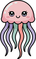 Cute cartoon jellyfish with colorful tentacles and a cheerful expression on a light background