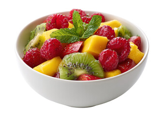 Bowl of healthy fresh fruit salad on white marble background. healthy food