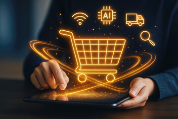Person Using Tablet with Glowing Orange Shopping Cart Icon and E-commerce Icons