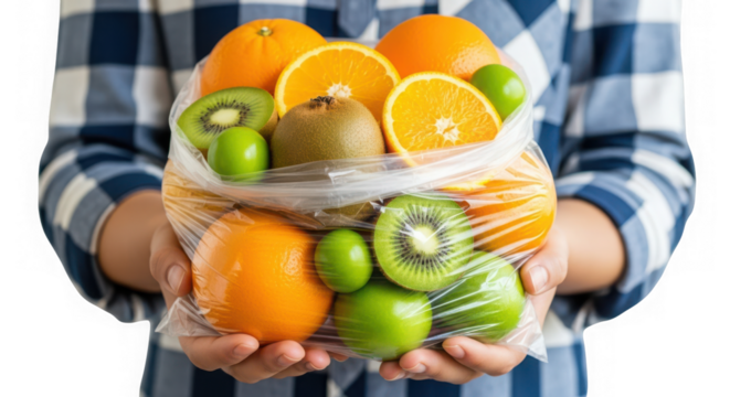 Hands holding a plastic bag full of fresh fruits including oranges, kiwis, and green apples isolated on transparent background