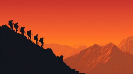 Silhouette of the team on the mountain. Leadership Concept.