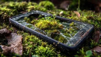 A cracked phone case filled with moss and small plants