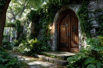 Fototapeta premium Old wooden door in stone wall with lush greenery