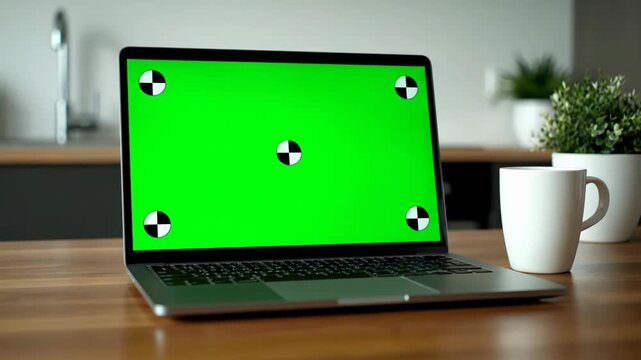 Modern laptop with a green screen and tracking markers, placed on a wooden desk next to a white mug and potted plant vector illustration