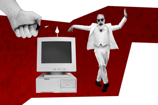 Contemporary art banner collage of happy old man wear glamour white suit hand hold lighter candle birthday wish pc monitor screen