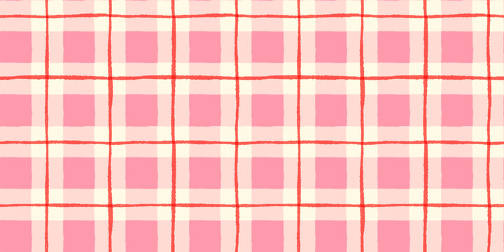 Cute Hand Painted Pink and Red Plaid Seamless Vector Pattern, Wavy Check Background