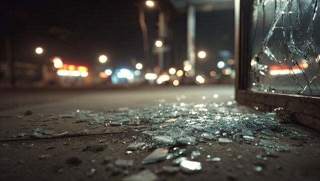 Shattered glass on a city street at night (1) - Powered by Adobe